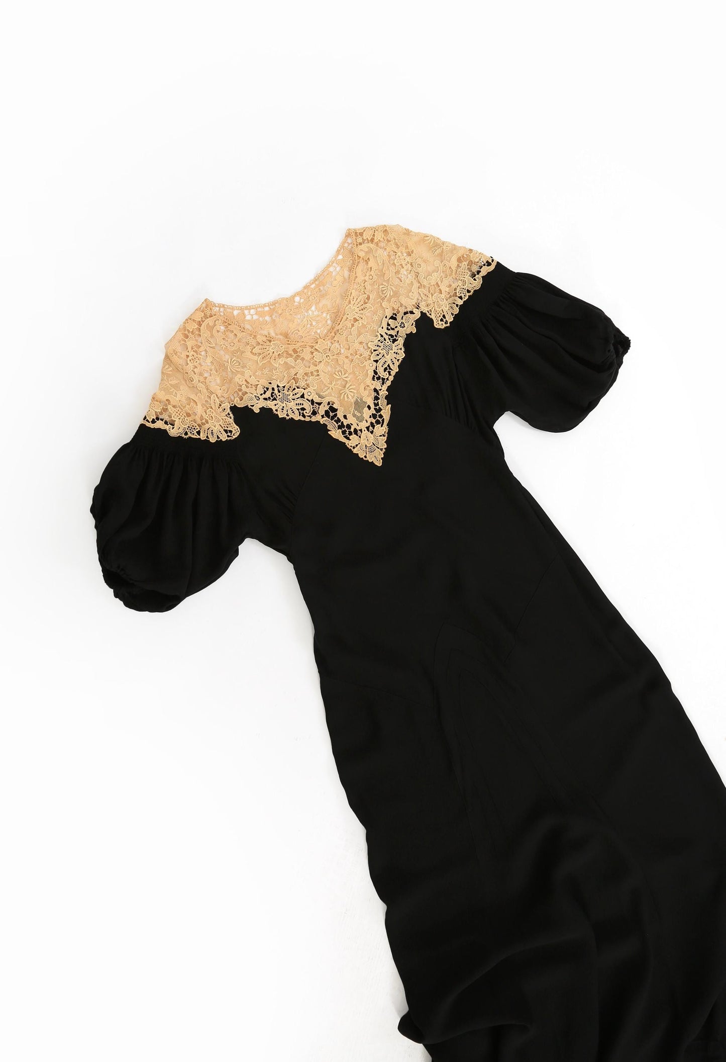 Antique Vintage 1930s bias cut black floral crochet lace puff sleeve dress