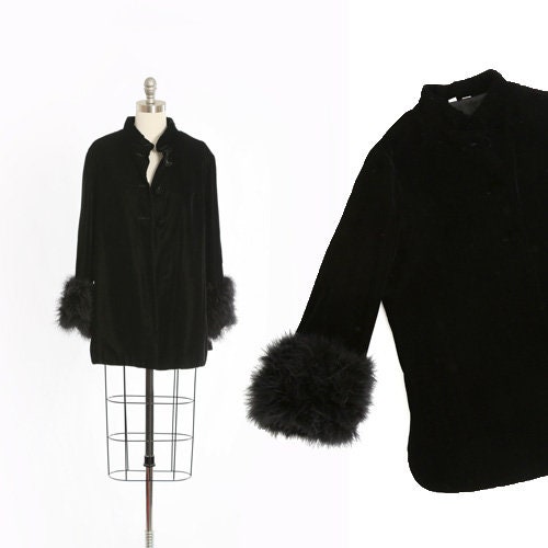 Vintage 60s black velvet ostrich feather opera coat