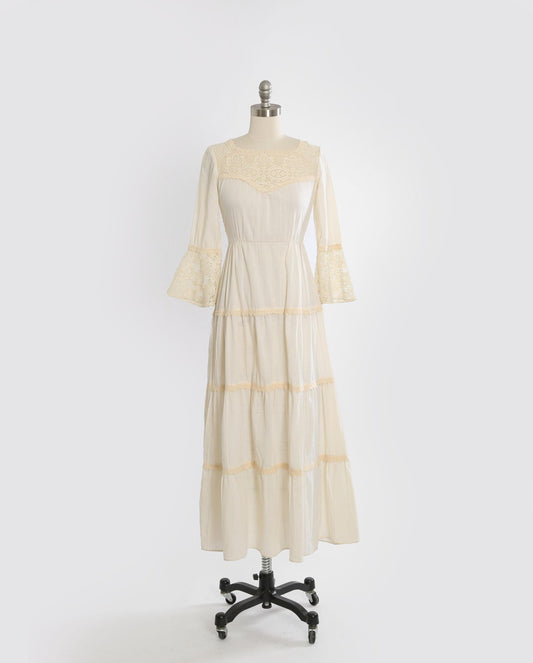 Peasant cotton gauze dress | Vintage 70s bell sleeve cotton gauze maxi dress | 1970s boho crochet cotton gauze dress