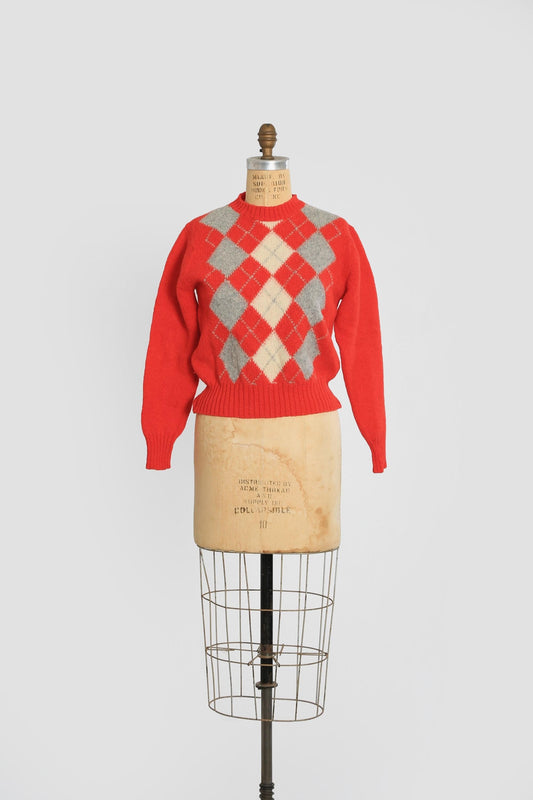 70s Billy Kelly Red Argyle Irish Shetland wool sweater