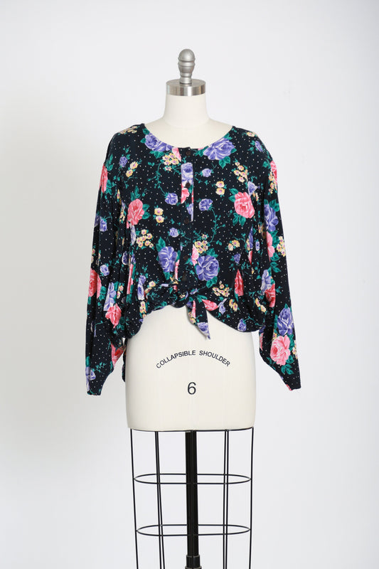 Vintage 80s Batwing floral rose rayon blouse