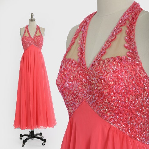 Mike Benet sequin dress | Vintage 60s 70s pink chiffon sequin maxi dress
