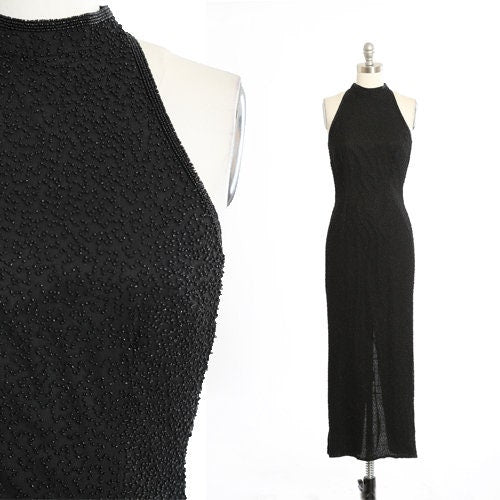 Vintage 90s black beaded silk maxi dress