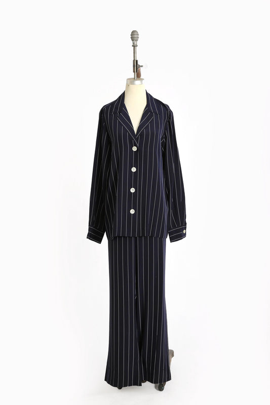 Ralph Lauren silk set | Vintage Ralph Lauren navy blue pin striped silk 2pc Blouse + pants set