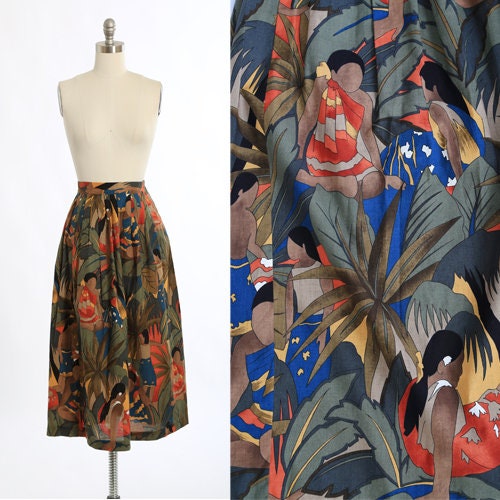 Island vibes skirt | Vintage 80s 90s tropical ethnic print cotton skirt