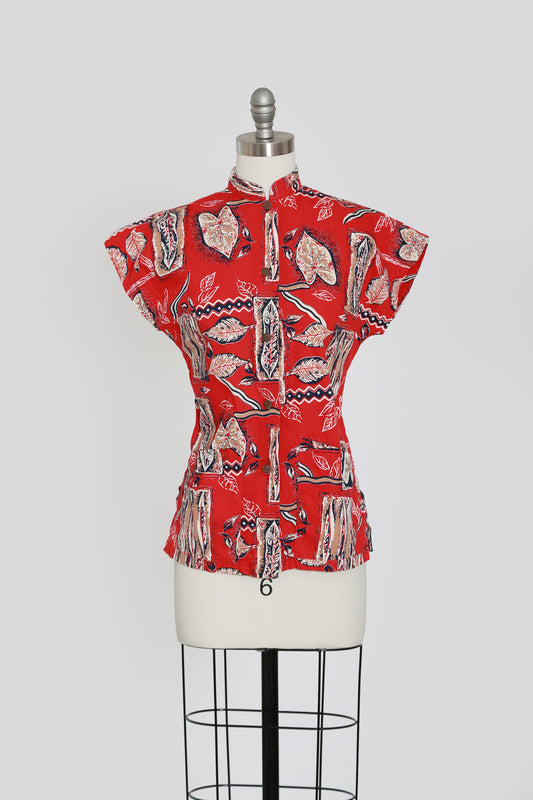 Paradise Isle top | Vintage 40s Hawaiian blouse | 1940s tropical floral cotton blouse