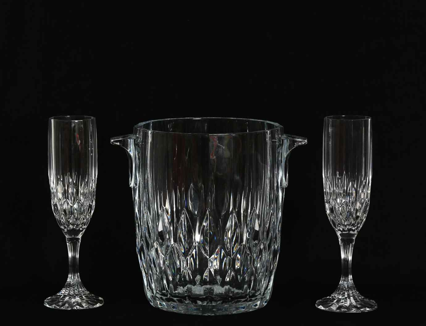 Vintage French Cristal dArques Bretagne crystal glass ice bucket + champagne flute glasses set