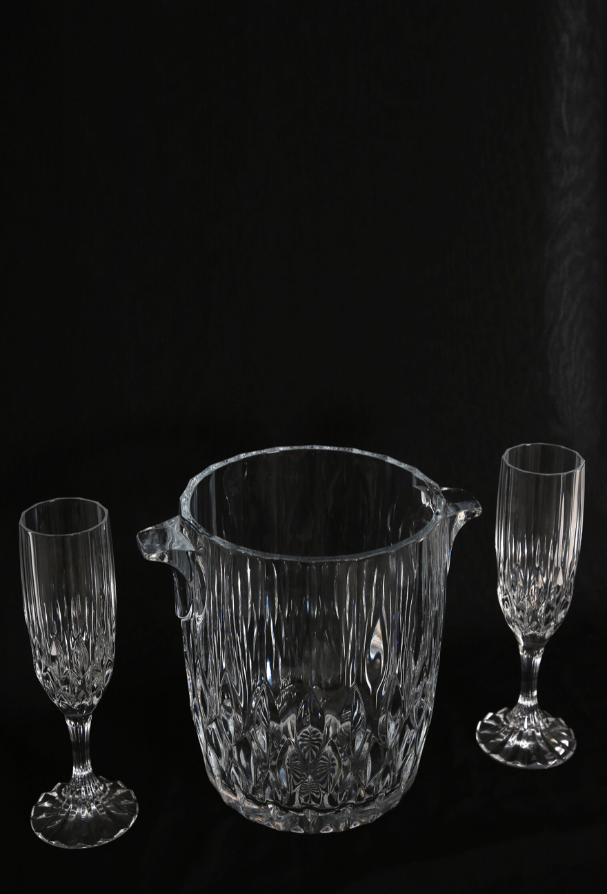 Vintage French Cristal dArques Bretagne crystal glass ice bucket + champagne flute glasses set
