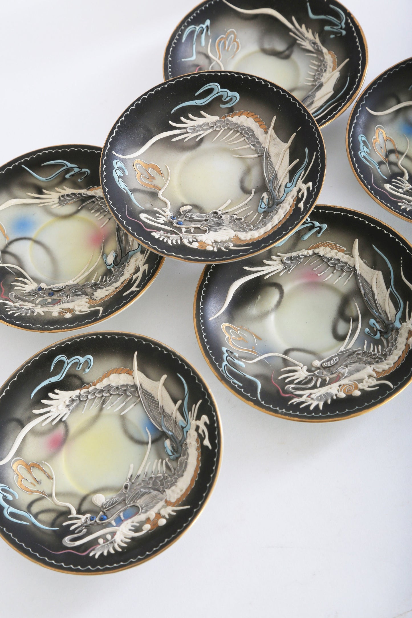 Antique Vintage 1940s 3D dragon hand painted Tea + Coffee set Japan