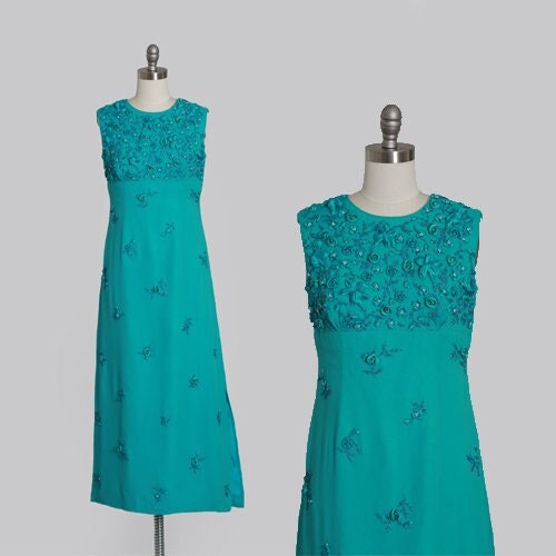 Vintage 60s blue silk hand beaded 3D floral maxi dress