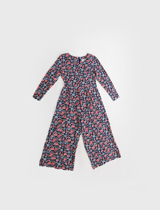 90s Navy blue floral rayon long sleeve jumpsuit