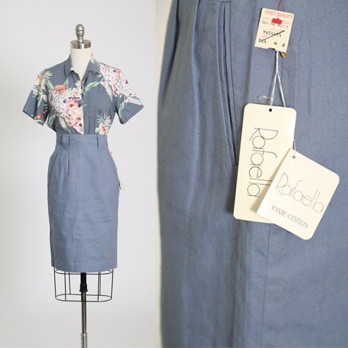 90s ramie cotton steel blue pencil skirt