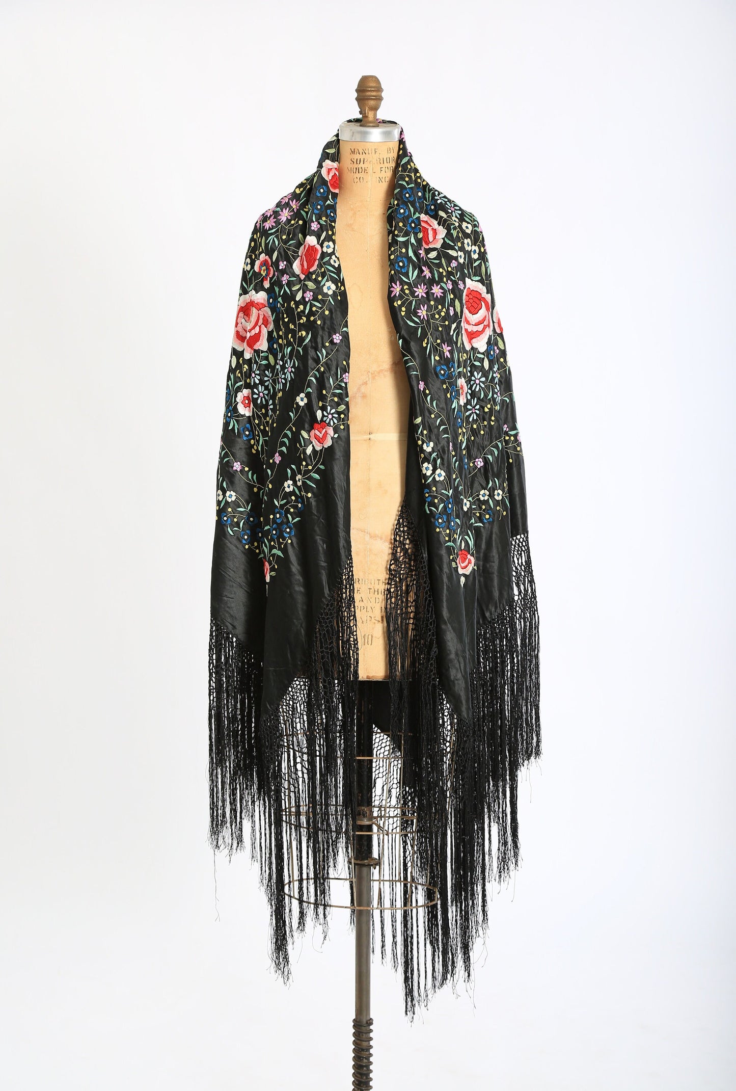 Antique Vintage 1920s silk hand embroidered floral piano shawl