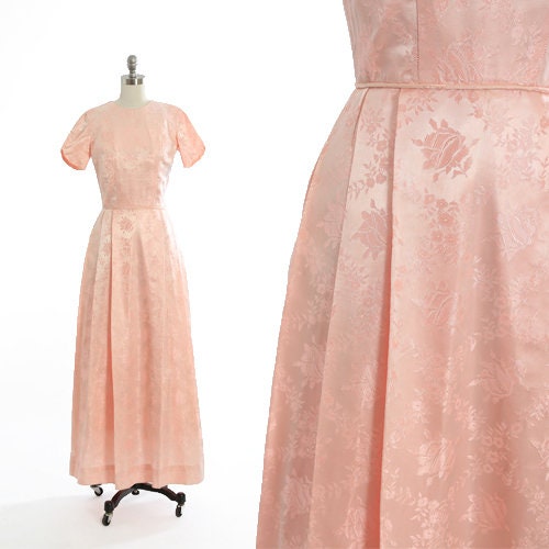 60s pink brocade rose dress | Vintage 1960s Floral Brocade maxi dress gown