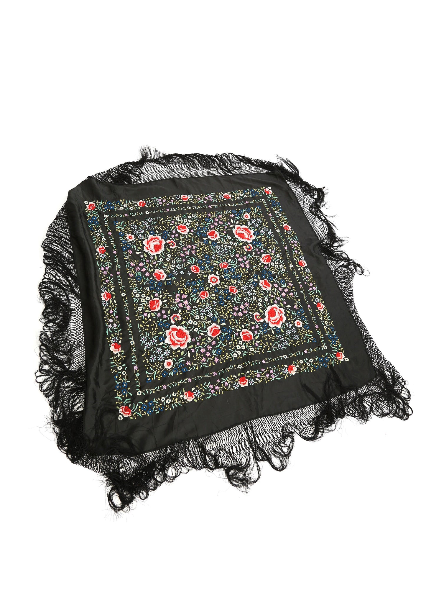 Antique Vintage 1920s silk hand embroidered floral piano shawl