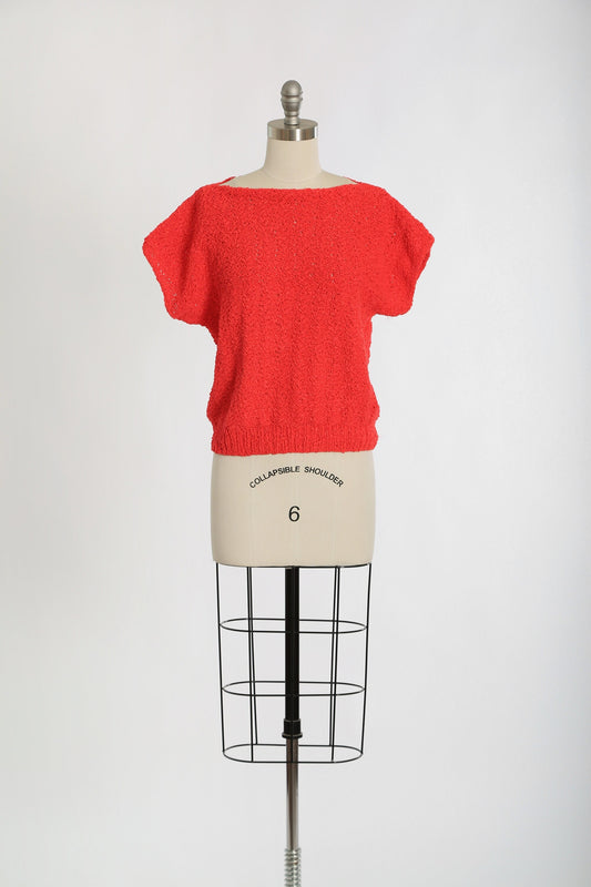 Vintage 80s hand knit hot pink crochet knit sweater