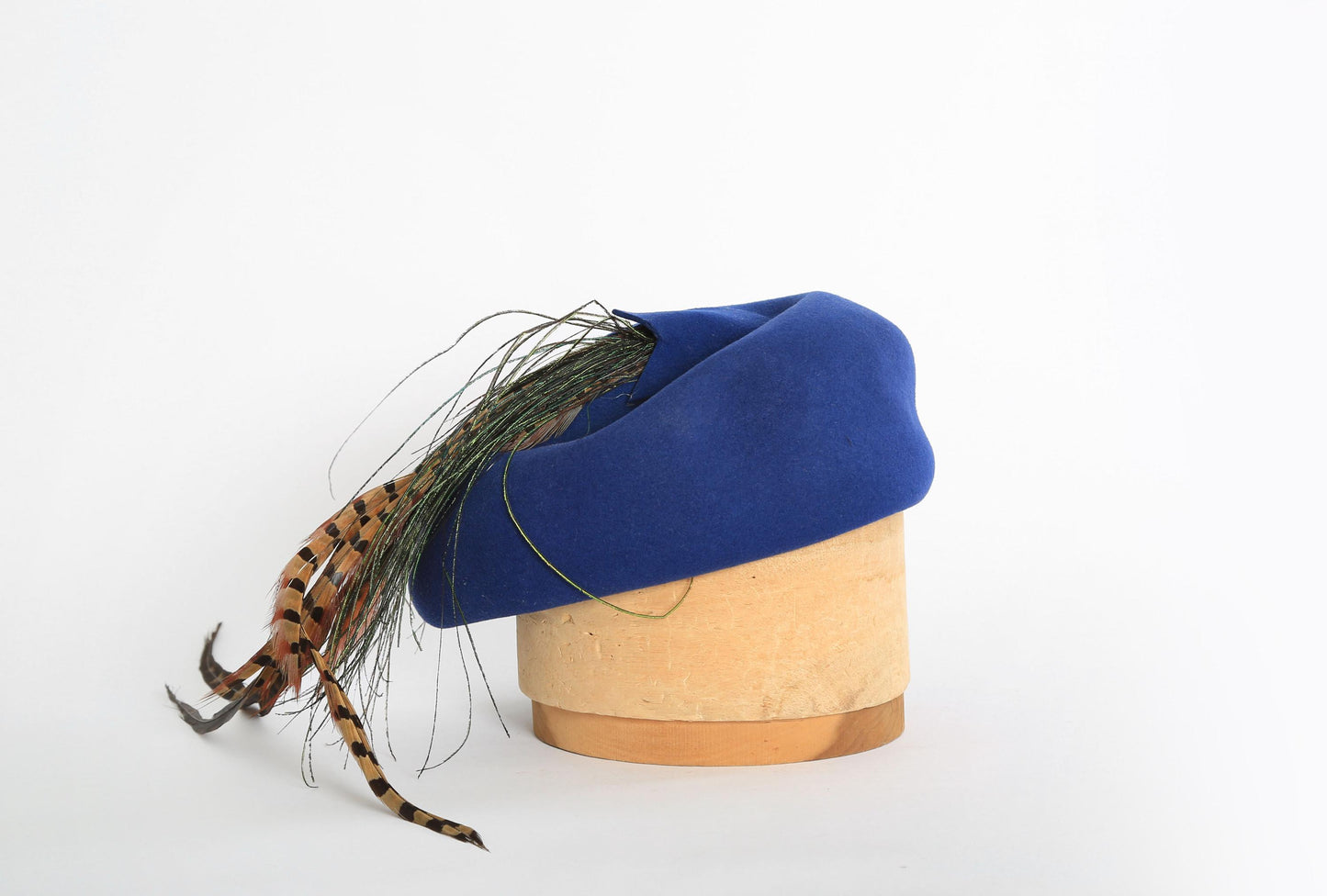 40s Blue wool Feather Hat | Vintage 1940s Geo w Bollman blue hat
