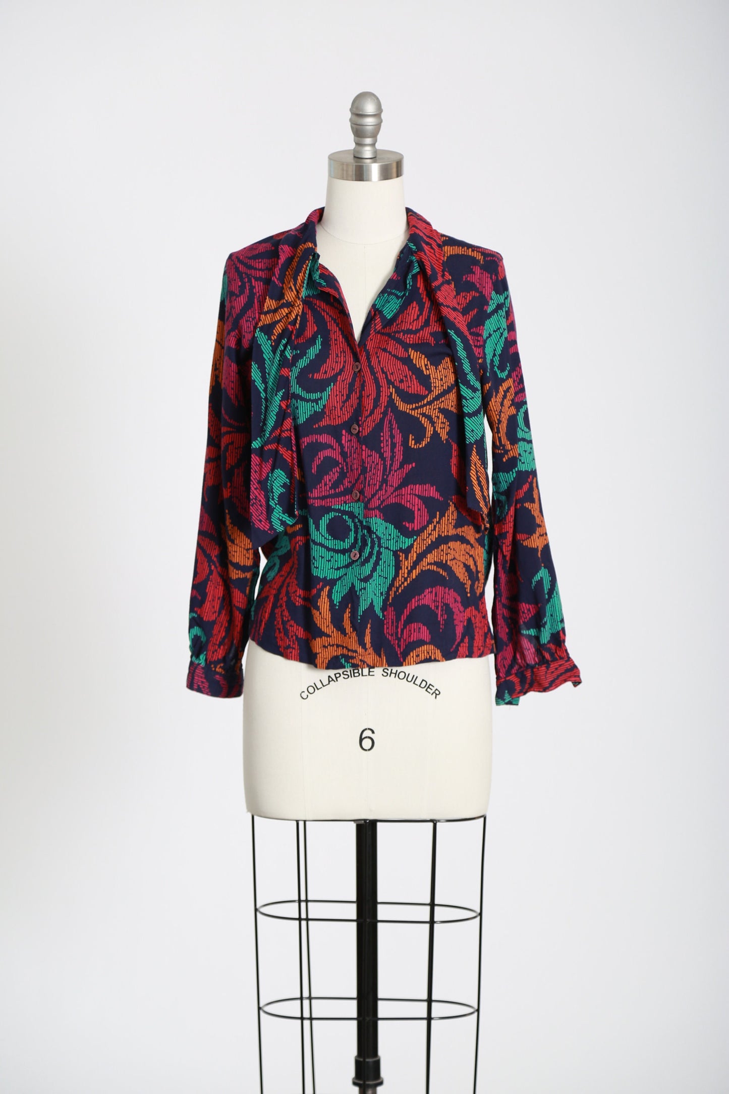 Vintage 80s rayon rainbow leaf ascot bow blouse