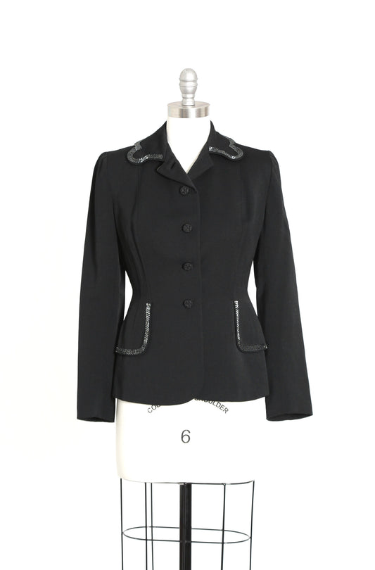 40s beaded blazer | Vintage 40s black wool hand beaded blazer |  1940s dress suit coat