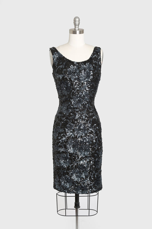 Vintage 50s black hand sequin wool wiggle dress | 1950s sequin cocktail dress