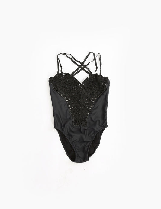90s black embroidered rope one-piece swimsuit made in Spain