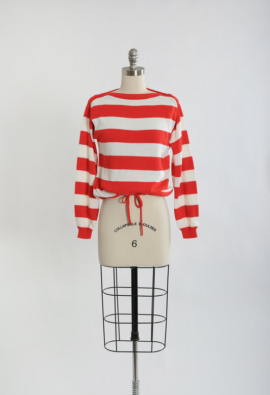 70s red striped knit draw string sweater