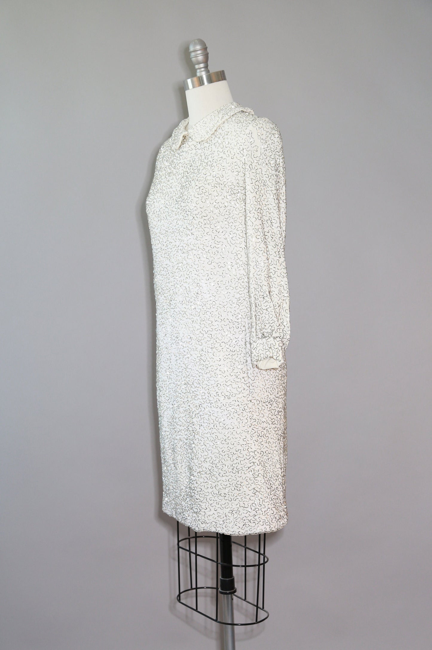 60s Couture beaded dress | Vintage 1960s Glam Heavily silver Beaded white Mod Couture Dress