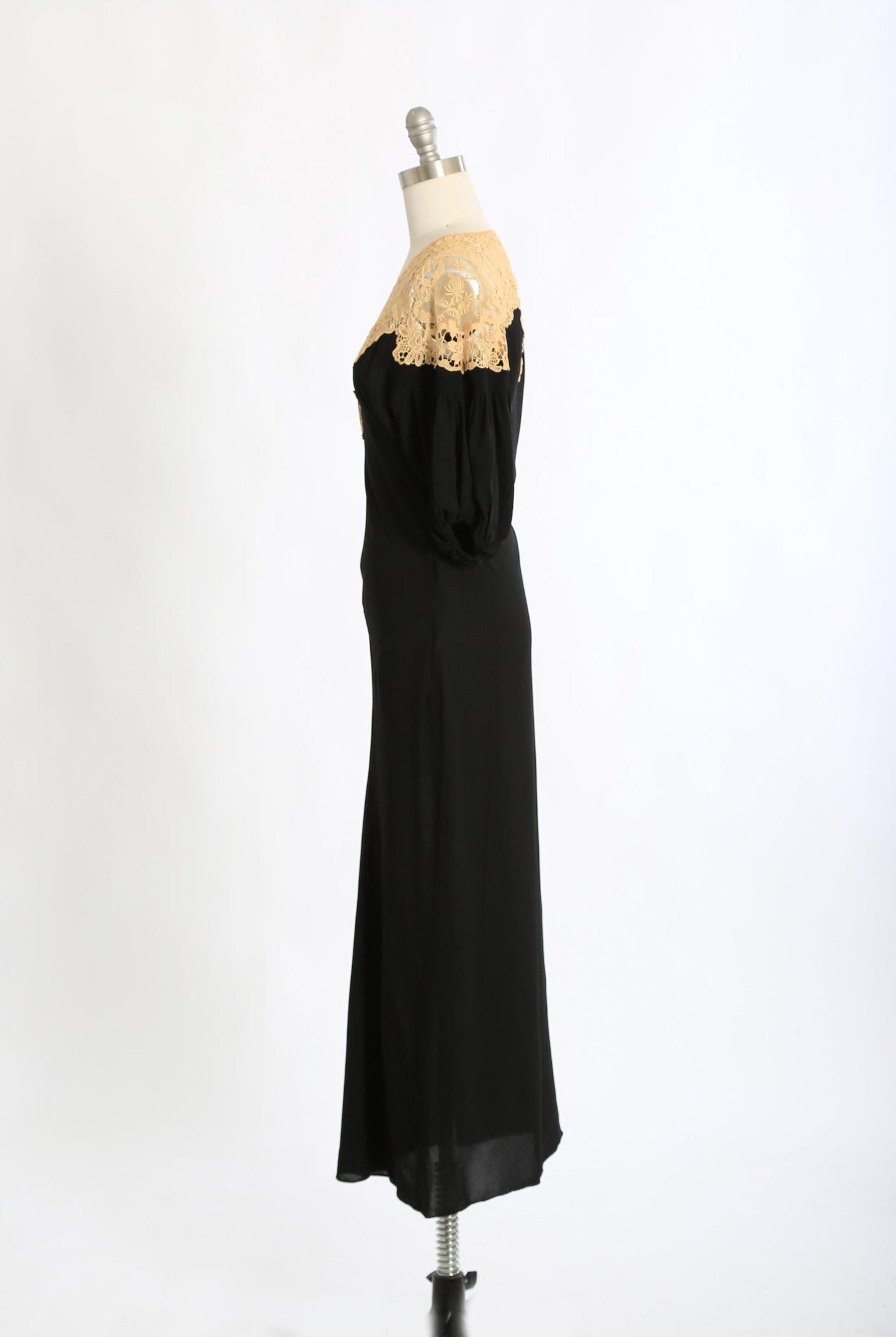 Antique Vintage 1930s bias cut black floral crochet lace puff sleeve dress