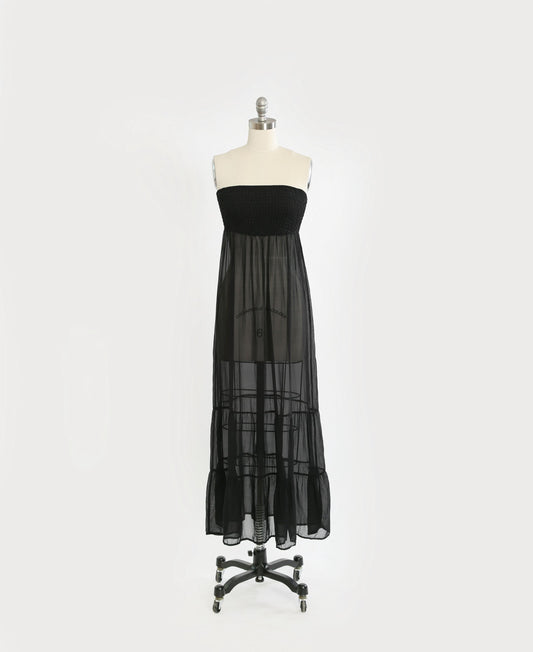 Y2K Black Silk Smocked semi sheer maxi dress