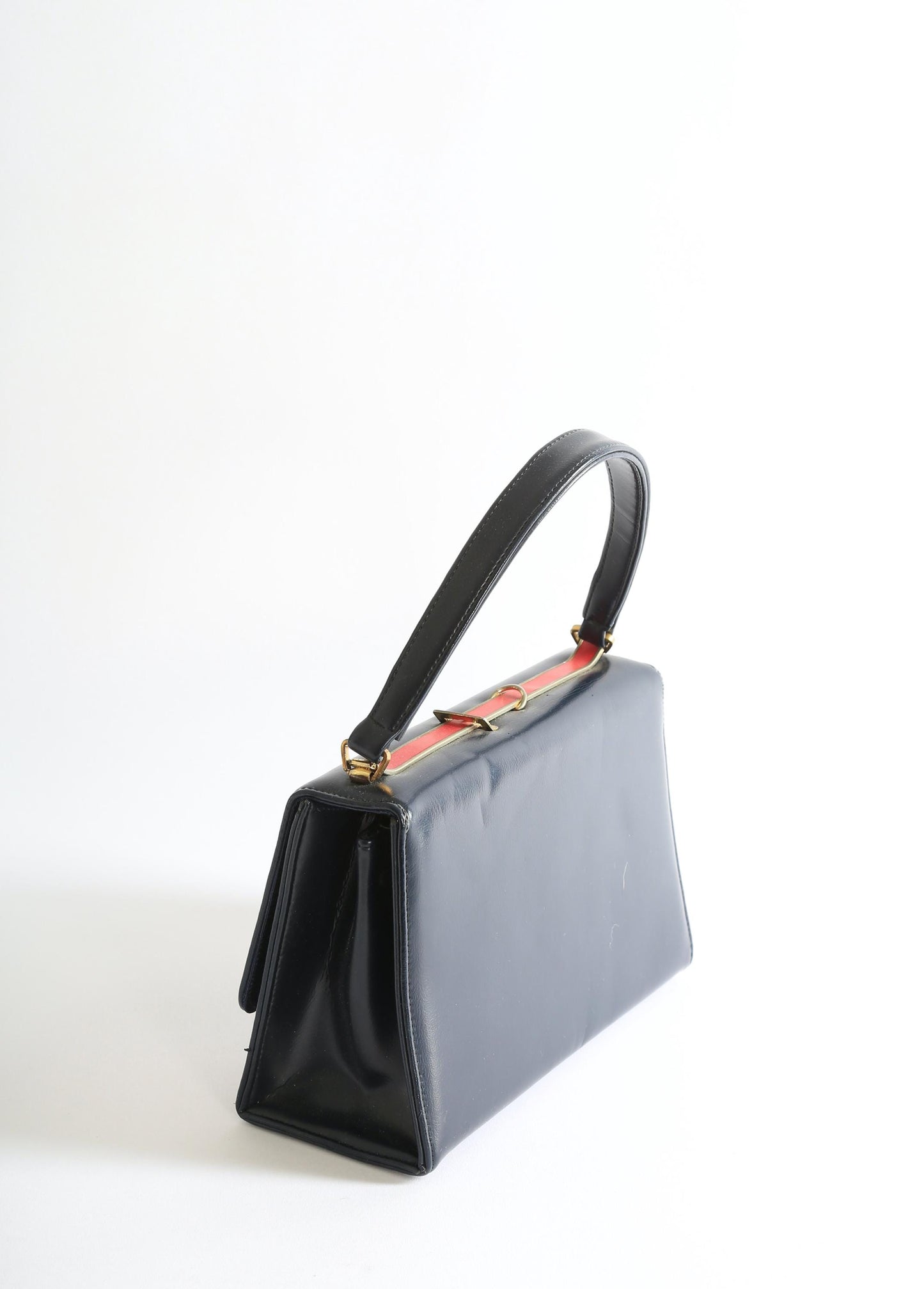 Vintage 60s navy blue red striped leather kelly bag purse