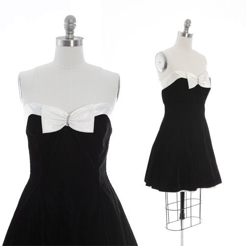 Tuxedo mini dress | Vintage 80s black velvet  tuxedo dress |  Jeweled bow party dress