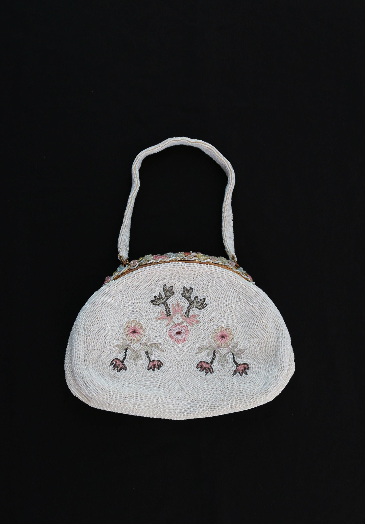 Antique vintage 1930s French micro glass hand beaded floral enameled purse
