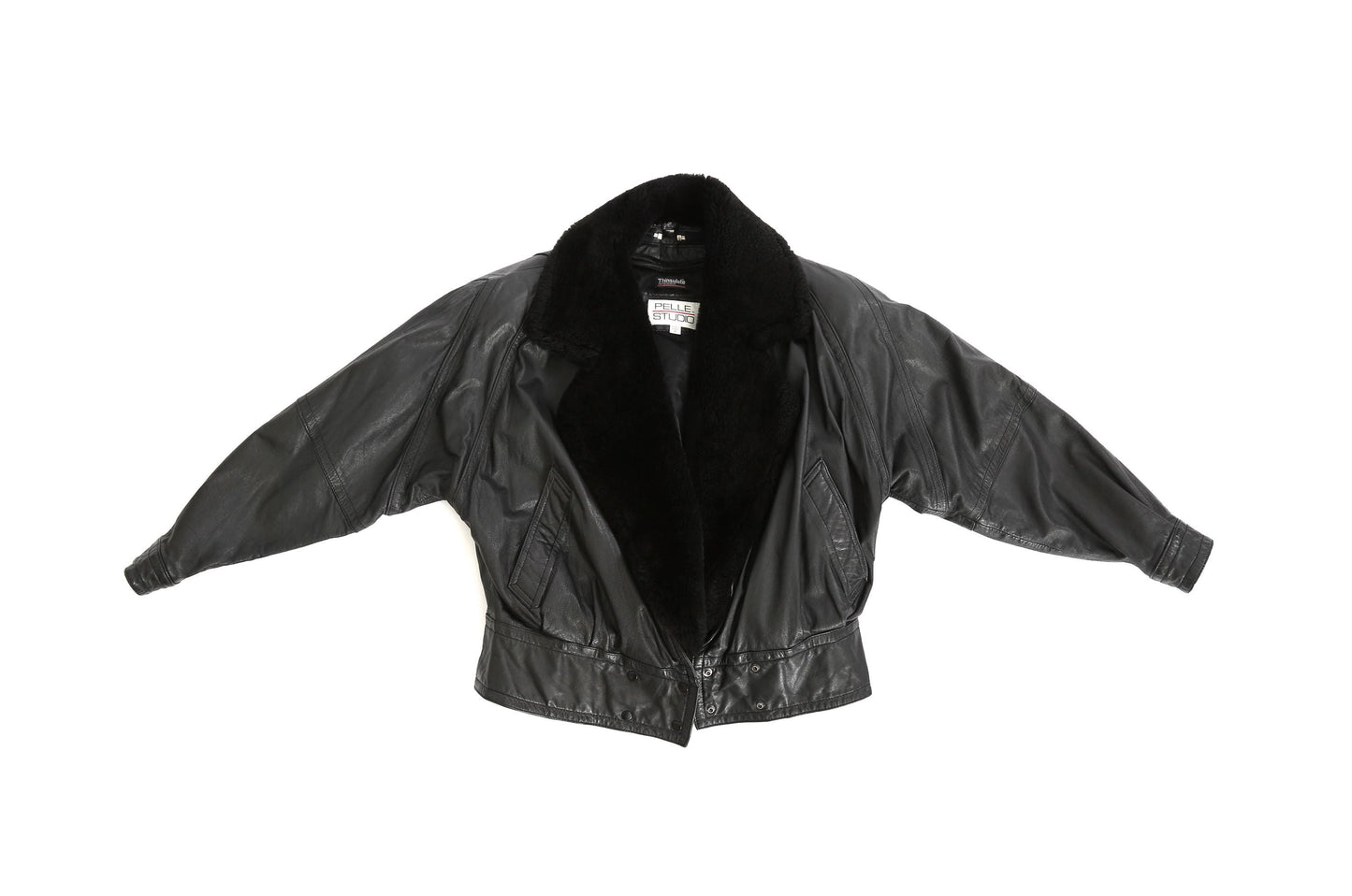 Vintage 90s black leather sherpa fur collar jacket