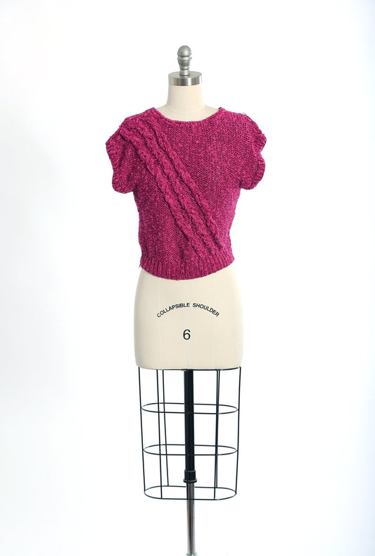 Vintage 80s hand knit bright purple linen cotton cropped sweater
