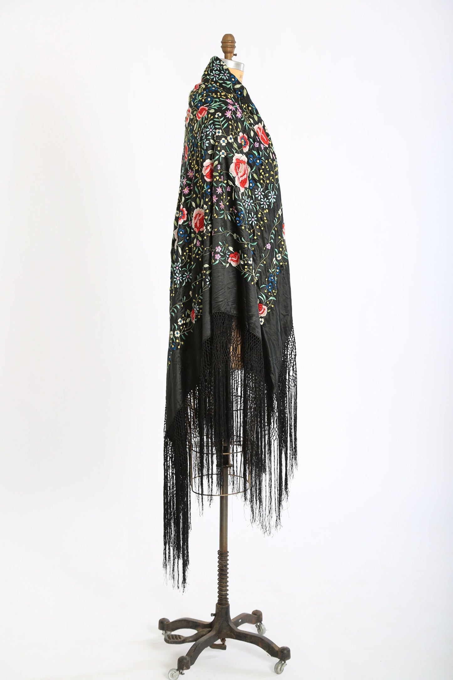Antique Vintage 1920s silk hand embroidered floral piano shawl