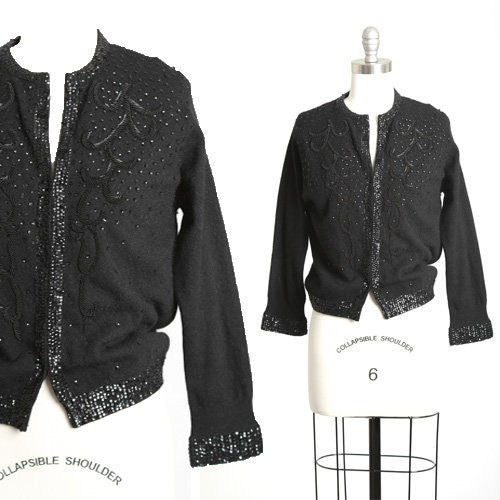 Sequin lambswool cardigan | Vintage 50s black sequin knit cardigan | 1950s Cyn Less angora beaded sweater