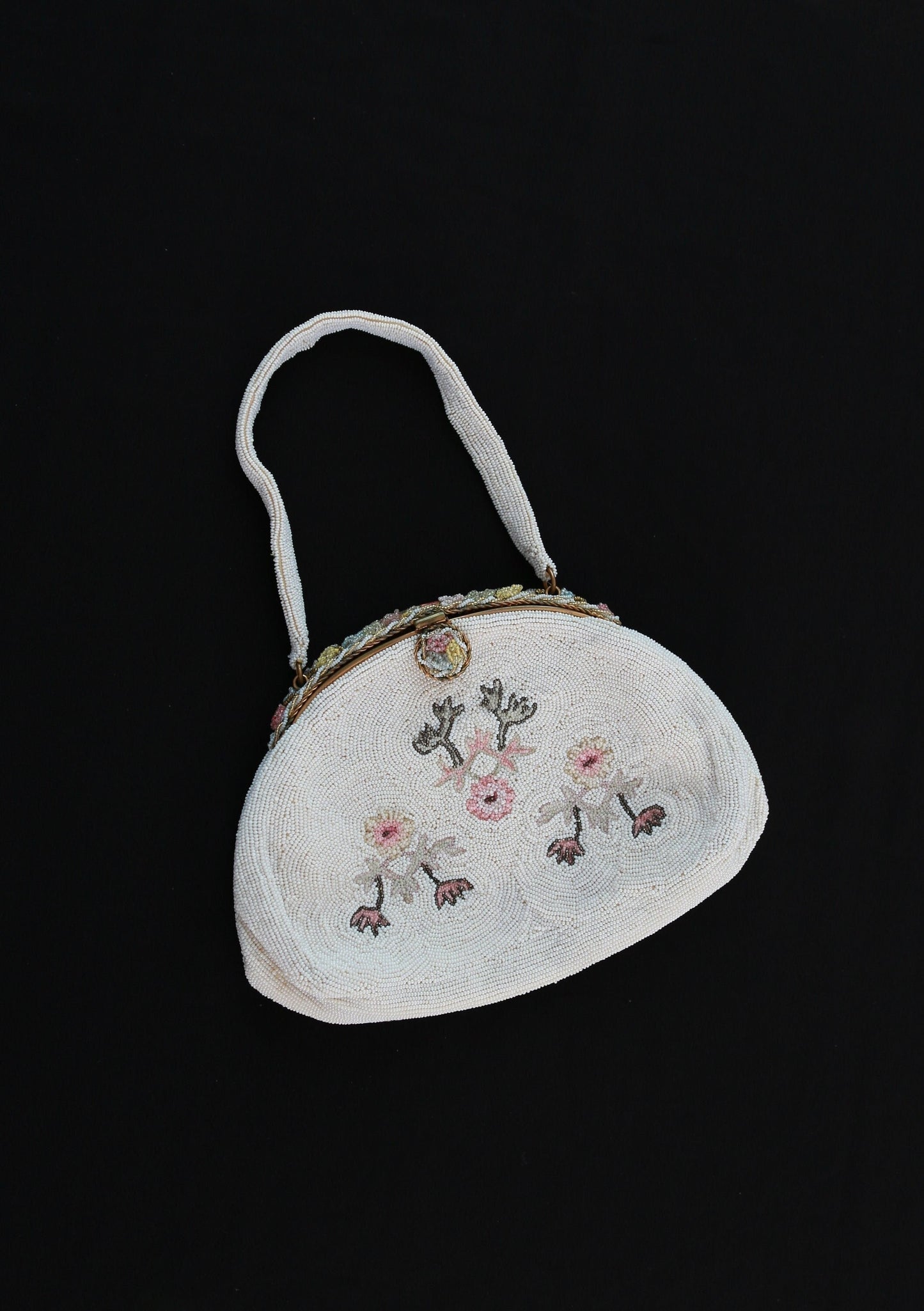 Antique vintage 1930s French micro glass hand beaded floral enameled purse