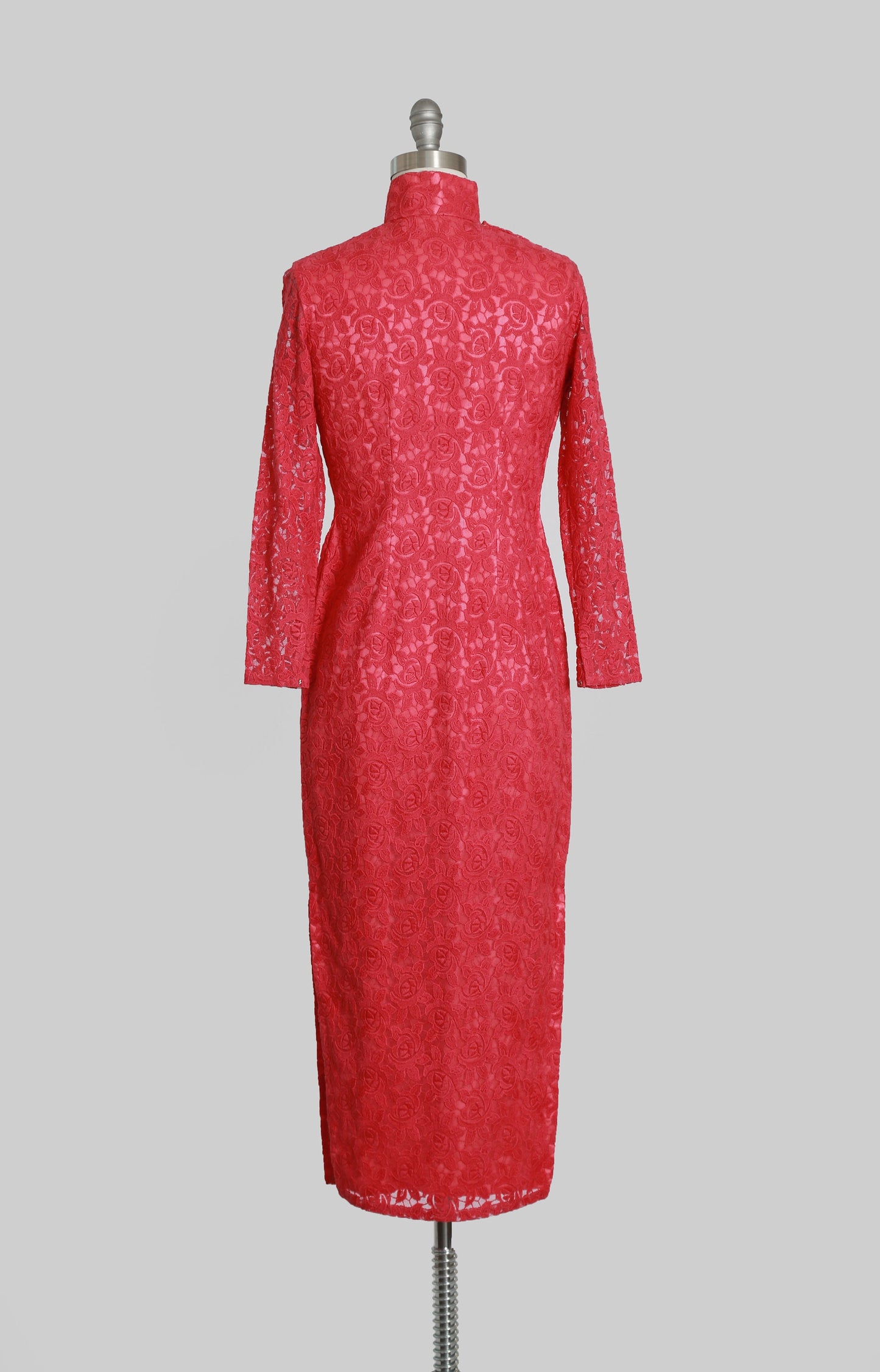 Vintage 60s pink embroidered floral rose lace cheongsam dress