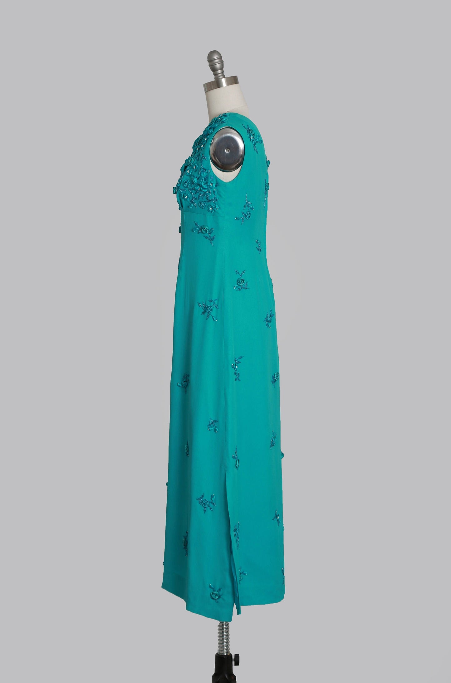 Vintage 60s blue silk hand beaded 3D floral maxi dress
