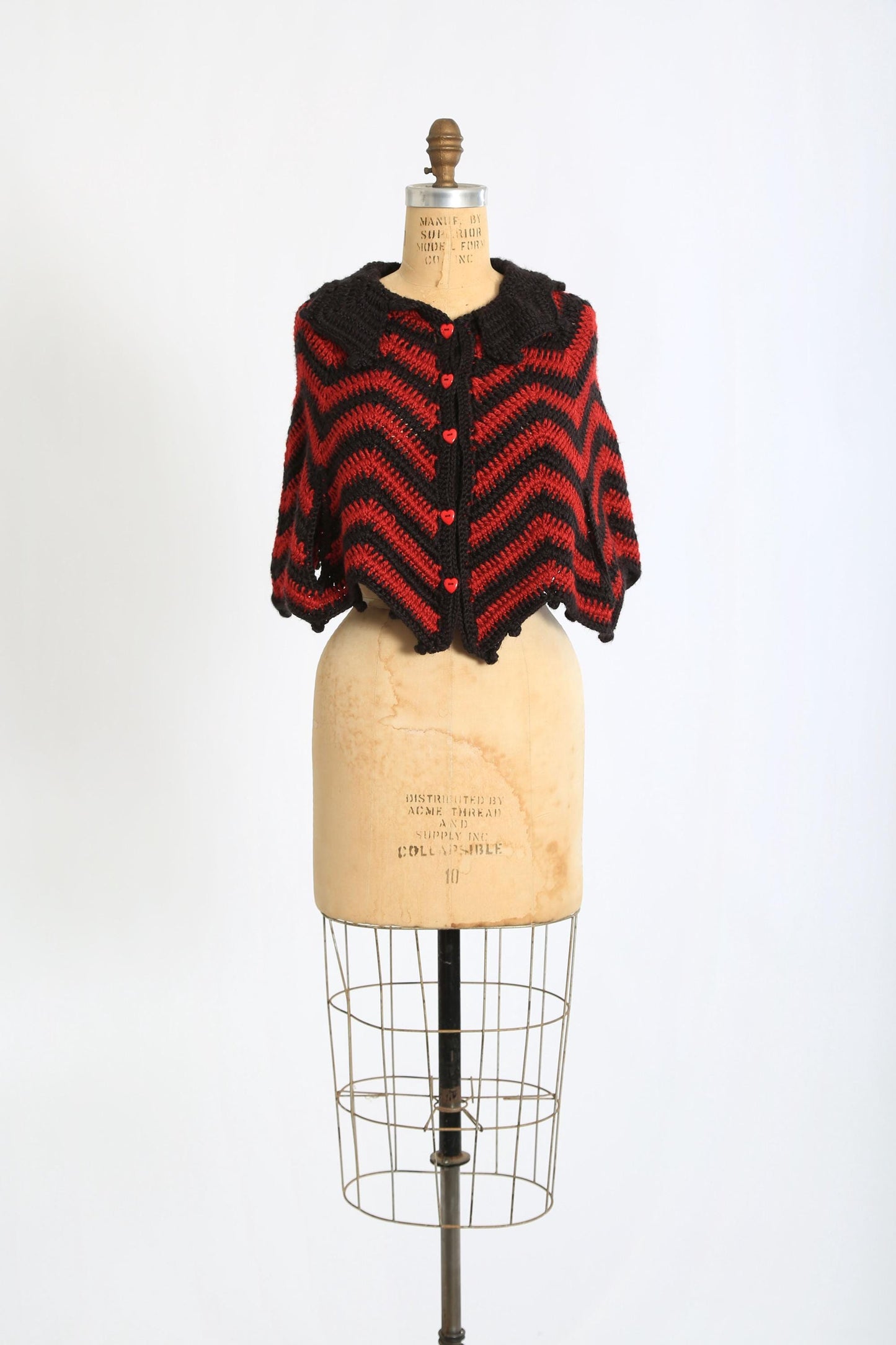 Vintage 60s 70s black + red Heart Crochet Cape