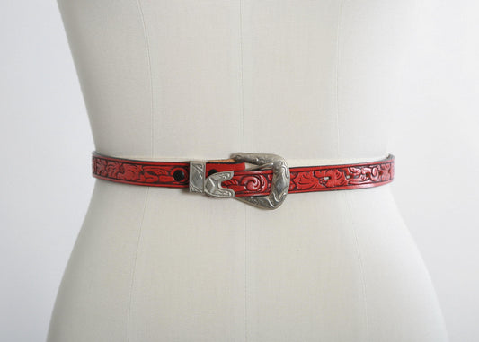Vintage 80s floral red tooled leather belt | Deadstock 1980s western belt