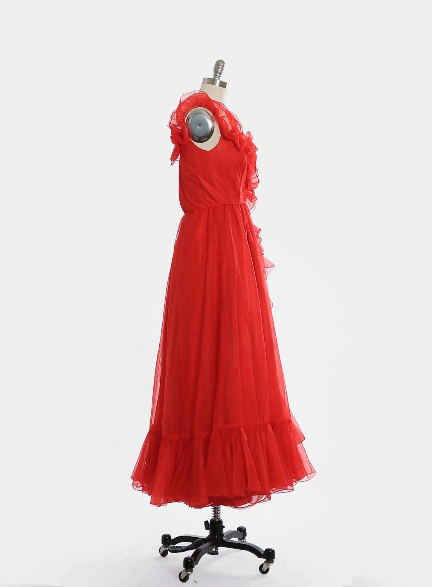 Vintage 70s red ruffle chiffon gown dress
