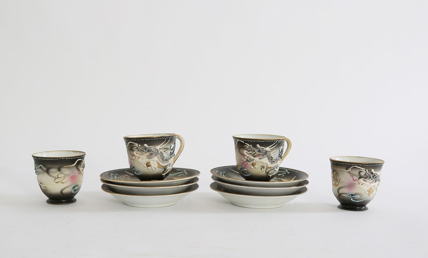 Antique Vintage 1940s 3D dragon hand painted Tea + Coffee set Japan