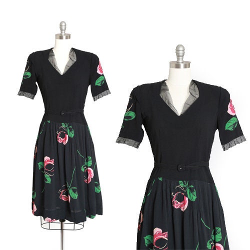 40s rose dress | Vintage 40s black floral Appliqué rose midi dress