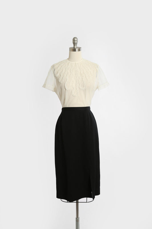 60s black worsted wool Paul Stanley pencil skirt