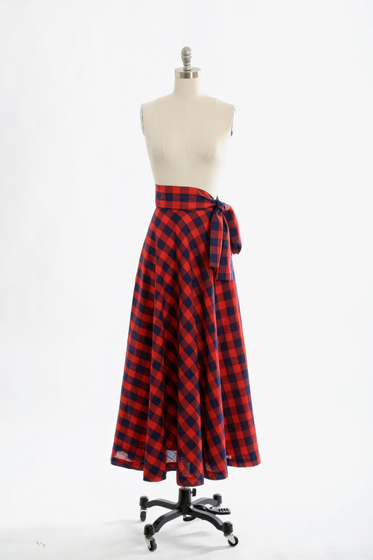 60s Anne Klein maxi skirt | Vintage 1960s red + blue plaid bow skirt