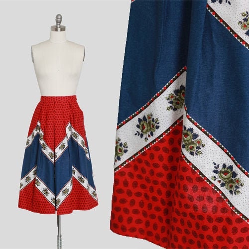 Lanz floral skirt | Vintage 50s 60s red, white and blue floral cotton skirt