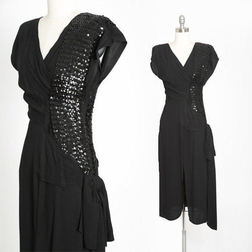 40s sequin dress | Vintage 1940s black crepe sequin bow dress