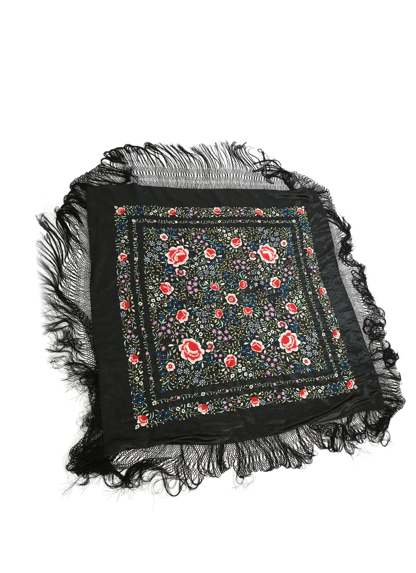 Antique Vintage 1920s silk hand embroidered floral piano shawl