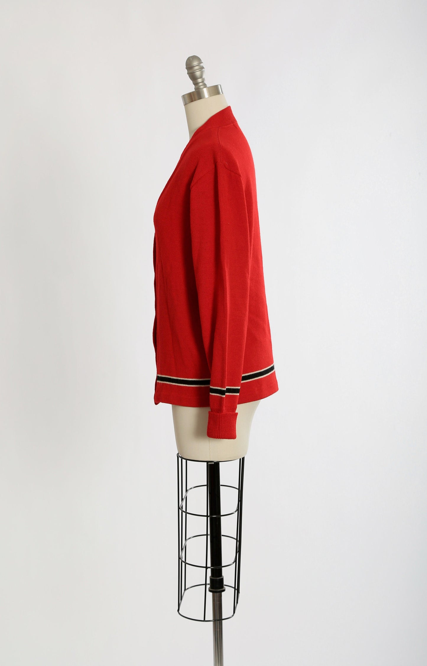 Vintage 50s red striped knit wool cardigan Varsity sweater